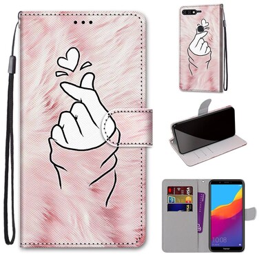 Protective Cover For Huawei Y7  (2018) / Enjoy 8 Coloured Drawing Cross Texture Horizontal Flip PU Leather Case with Holder &amp; Card Slots &amp; Wallet &amp; Lanyard (Pink Hands Heart)