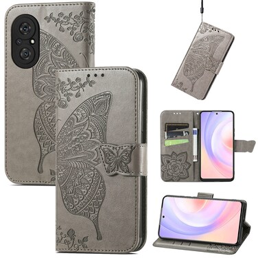 Protective Cover For Huawei Nova 9 SE Butterfly Love Flower Embossed Horizontal Flip Leather Case with Bracket / Card Slot / Wallet / Lanyard (Gray)