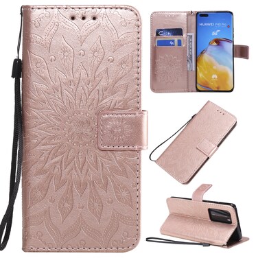 Protective Cover For Huawei P40 Pro Pressed Printing Sunflower Pattern Horizontal Flip PU Leather Case with Holder &amp; Card Slots &amp; Wallet &amp; Lanyard (Rose Gold)