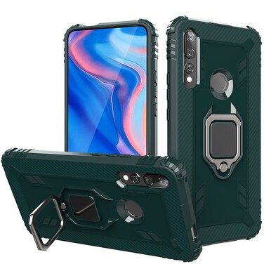 Protective Cover For Huawei Y9 Prime 2019 Carbon Fiber Protective Case with 360 Degree Rotating Ring Holder (Green)
