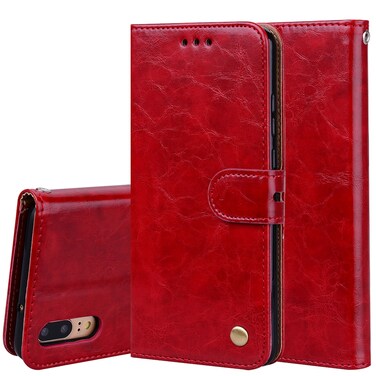 Protective Cover For Huawei P20 Business Style Oil Wax Texture Horizontal Flip Leather Case with Holder &amp; Card Slots &amp; Wallet (Red)