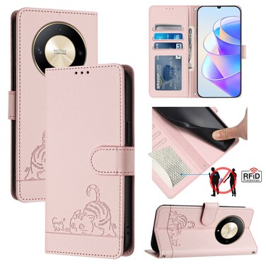Protective Cover For Honor Magic6 Lite 5G Global Cat Rat Embossed Pattern RFID Leather Phone Case with Lanyard (Pink)