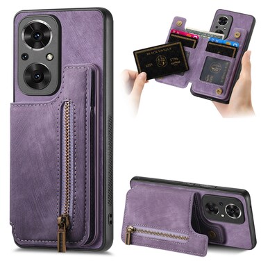 Protective Cover For Honor 50 SE Retro Leather Zipper Wallet Back Phone Case (Purple)