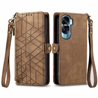 Protective Cover For Honor X50i Geometric Zipper Wallet Side Buckle Leather Phone Case (Brown)
