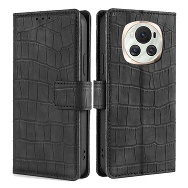 Protective Cover For Honor Magic6 5G Skin Feel Crocodile Magnetic Clasp Leather Phone Case (Black)