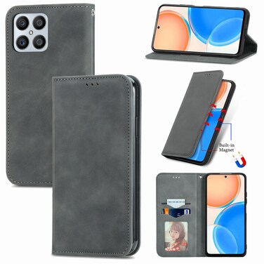 Protective Cover For Honor X8 Retro Skin Feel Magnetic Leather Phone Case (Gray)