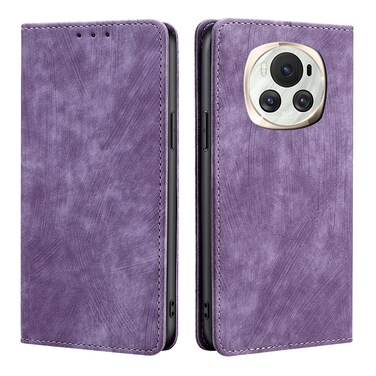 Protective Cover For Honor Magic6 RFID Anti-theft Brush Magnetic Leather Phone Case (Purple)