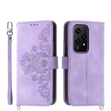 Protective Cover For Honor 200 Lite Global Skin Feel Flowers Embossed Wallet Leather Phone Case (Purple)
