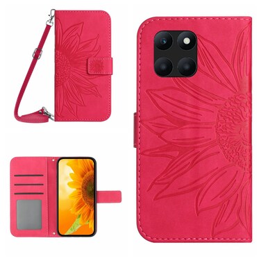 Protective Cover For Honor X6A Skin Feel Sun Flower Pattern Leather Phone Case with Lanyard (Rose Red)