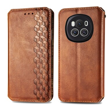 Protective Cover For Honor Magic6 Cubic Grid Pressed Magnetic Leather Phone Case (Brown)