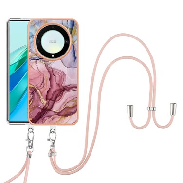 Protective Cover For Honor X9a / Magic5 Lite Electroplating Marble Dual-side IMD Phone Case with Lanyard (Rose Red 014)