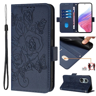 Protective Cover For Honor 50 Pro / Huawei nova 9 Pro Embossed Rose RFID Anti-theft Leather Phone Case (Dark Blue)