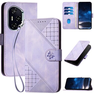 Protective Cover For Honor 400 Grid Butterfly Embossed Pattern Leather Phone Case with Lanyard (Light Purple)