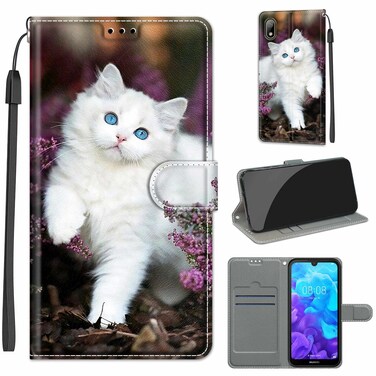 Protective Cover For Huawei Y5 2019 / Honor 8S Voltage Colored Drawing Magnetic Clasp Horizontal Flip PU Leather Case with Holder &amp; Card Slots (C08 Flower Bush Big White Cat)