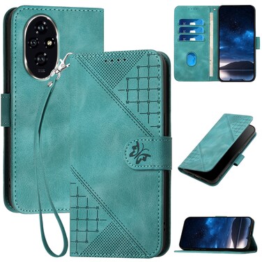 Protective Cover For Honor 200 Global Grid Butterfly Embossed Pattern Leather Phone Case with Lanyard (Light Blue)