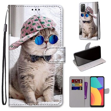 Case Cover For Alcatel 1S (2021) Coloured Drawing Cross Texture Horizontal Flip PU Leather Case with Holder &amp; Card Slots &amp; Wallet &amp; Lanyard(Slant Hat Blue Mirror Cat)