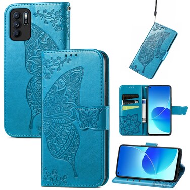 Case Cover Butterfly Love Flowers Embossed Horizontal Flip Leather Case with Holder &amp; Card Slots &amp; Wallet &amp; Lanyard For OPPO Reno 6Z(Blue)