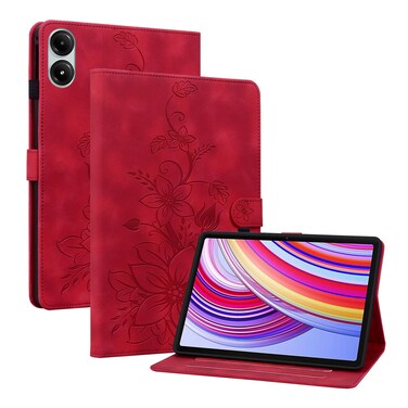 Case Cover For Xiaomi Redmi Pad Pro 12.1 Lily Embossed Leather Tablet Case(Red)