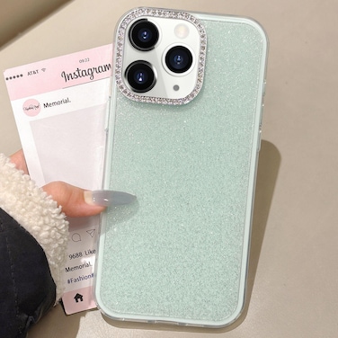 Case Cover For iPhone 11 Pro Max Rhinestone-Embedded Camera Frame Glitter Full Coverage Phone Case(Green)