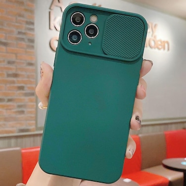 Case Cover For iPhone 11 Pro Max Slid Camera Shield Liquid Silicone TPU Phone Case(Dark Green)