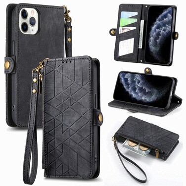 Case Cover For iPhone 11 Pro Max Geometric Zipper Wallet Side Buckle Leather Phone Case(Black)