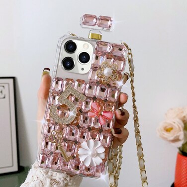 Case Cover For iPhone 11 Pro Max Crossbody Perfume Bottle Handmade Inlaid Diamond PC Phone Case(Pink)