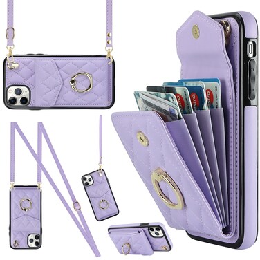 Case Cover For iPhone 11 Pro Max Rhombic Texture Card Bag Phone Case with Long Lanyard(Light Purple)