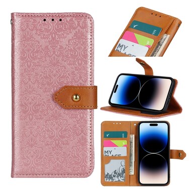 Case Cover For iPhone 14 Pro Max European Floral Embossed Copper Buckle Horizontal Flip PU Leather Phone Case (Pink)