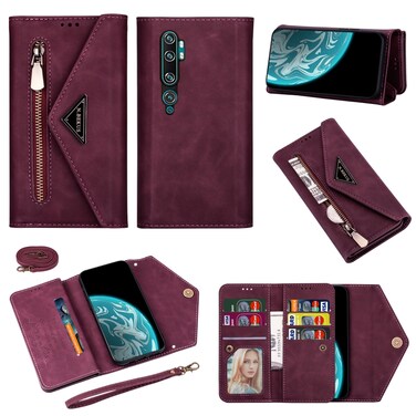 Case Cover For Xiaomi Mi CC9 Pro Skin Feel Zipper Horizontal Flip Leather Case with Holder &amp; Card Slots &amp; Photo Frame &amp; Lanyard &amp; Long Rope(Wine Red)