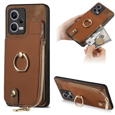 Case cover For Xiaomi Redmi Note 12 Pro 5G Cross Leather Ring Vertical Zipper Wallet Back Phone Case(Brown)