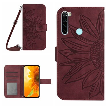 Case cover For Xiaomi Redmi Note 8 / Note 8 2021 Skin Feel Sun Flower Pattern Flip Leather Phone Case with Lanyard(Wine Red)