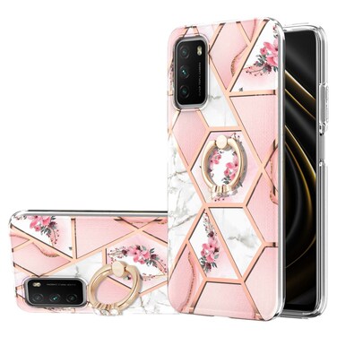 Case cover For Xiaomi Poco M3 / Redmi Note 9 4G / Redmi 9 Power / Redmi 9T Electroplating Splicing Marble Flower Pattern TPU Shockproof Case with Rhinestone Ring Holder(Pink Flower)