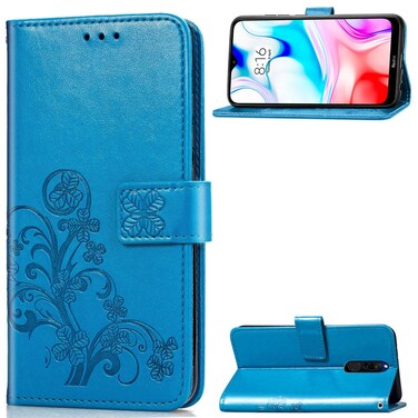 Case cover For Xiaomi Redmi 8  Four-leaf Clasp Embossed Buckle Mobile Phone Protection Leather Case with Lanyard &amp; Card Slot &amp; Wallet &amp; Bracket Function(Blue)