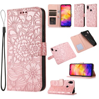Case cover For Xiaomi Redmi Note 7 Skin Feel Embossed Sunflower Horizontal Flip Leather Case with Holder &amp; Card Slots &amp; Wallet &amp; Lanyard(Rose Gold)