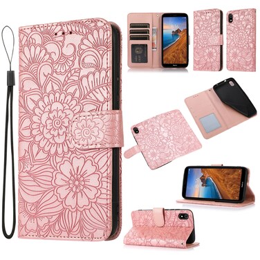 Case cover For Xiaomi Redmi 7A Skin Feel Embossed Sunflower Horizontal Flip Leather Case with Holder &amp; Card Slots &amp; Wallet &amp; Lanyard(Rose Gold)