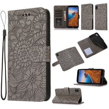 Case cover For Xiaomi Redmi 7A Skin Feel Embossed Sunflower Horizontal Flip Leather Case with Holder &amp; Card Slots &amp; Wallet &amp; Lanyard(Grey)