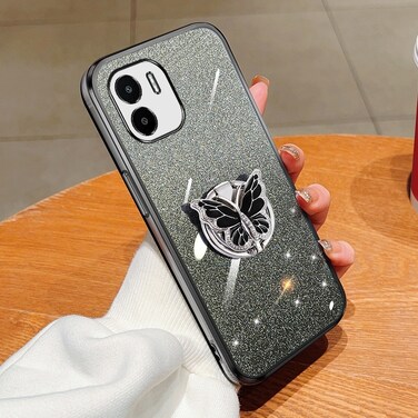 Case cover For Redmi A1 Plated Gradient Glitter Butterfly Holder TPU Phone Case(Black)