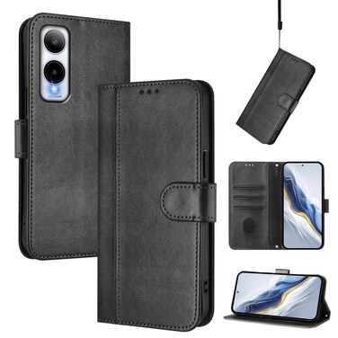 Case cover For Cricket Icon 6 / AT&amp;T Verge Line Splicing Buckle Retro Leather Phone Case(Black)