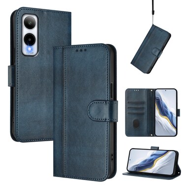 Case cover For Cricket Icon 6 / AT&amp;T Verge Line Splicing Buckle Retro Leather Phone Case(Dark Blue)