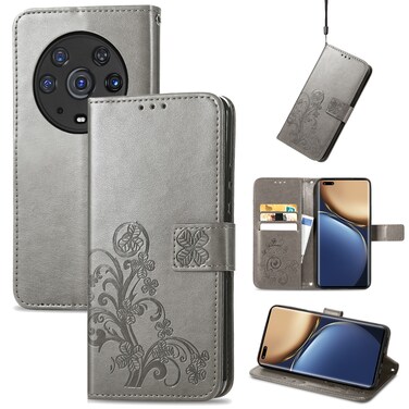 Case cover For Honor Magic3 Pro Four-leaf Clasp Embossed Buckle Leather Phone Case(Grey)
