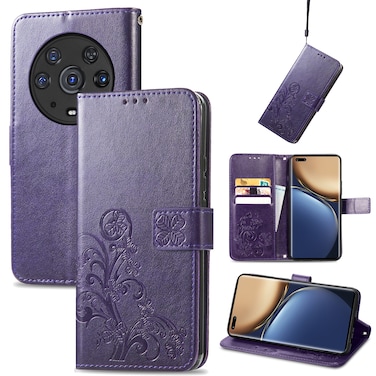 Case cover For Honor Magic3 Pro Four-leaf Clasp Embossed Buckle Leather Phone Case(Purple)