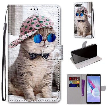 Case cover For Huawei Honor 9 Lite Coloured Drawing Cross Texture Horizontal Flip PU Leather Case with Holder &amp; Card Slots &amp; Wallet &amp; Lanyard(B20 Slant Hat Blue Mirror Cat)