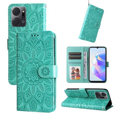 Case cover For Honor X7a Embossed Sunflower Leather Phone Case(Green)