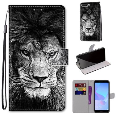 Case cover For Huawei Y6 (2018) / Honor 7A Coloured Drawing Cross Texture Horizontal Flip PU Leather Case with Holder &amp; Card Slots &amp; Wallet &amp; Lanyard(B11 Black White Lion Head)