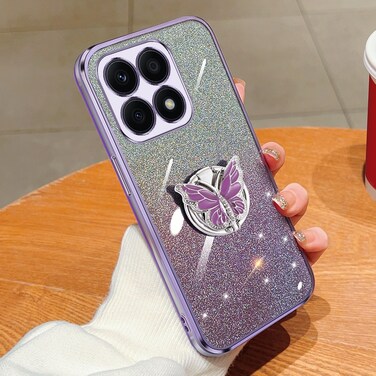 Case cover For Honor X8a Plated Gradient Glitter Butterfly Holder TPU Phone Case(Purple)