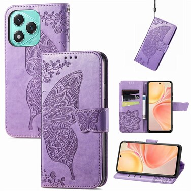 Case cover For Honor 400 Lite Butterfly Love Flower Embossed Leather Phone Case(Lavender)