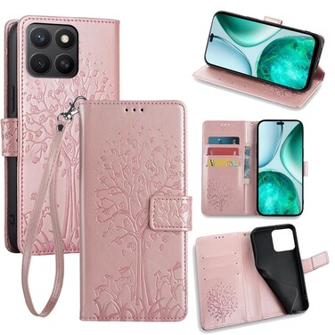 Case cover For Honor X8c 4G Tree &amp; Deer Embossed Leather Phone Case(Rose Gold)