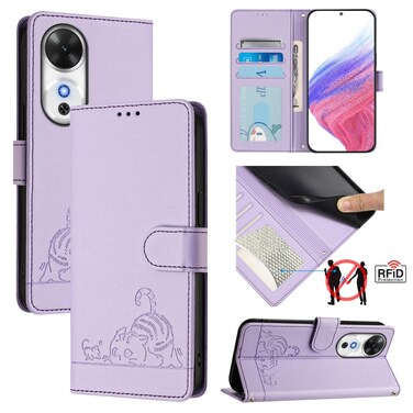 Case cover For Honor Play 60 5G Cat Rat Embossed Pattern RFID Leather Phone Case with Lanyard(Purple)
