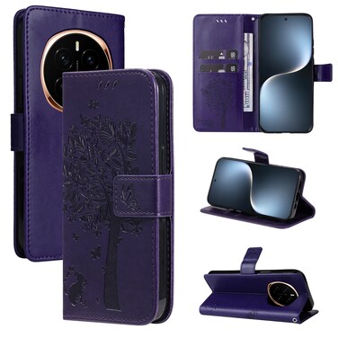Case cover For Honor Magic7 Tree &amp; Cat Embossed Pattern Flip Leather Phone Case(Purple)
