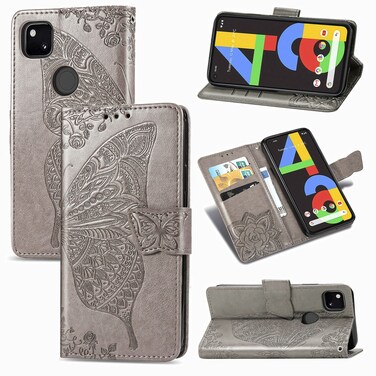 Case cover For Google Pixel 4A Butterfly Love Flower Embossed Horizontal Flip Leather Case with Bracket / Card Slot / Wallet / Lanyard(Grey)